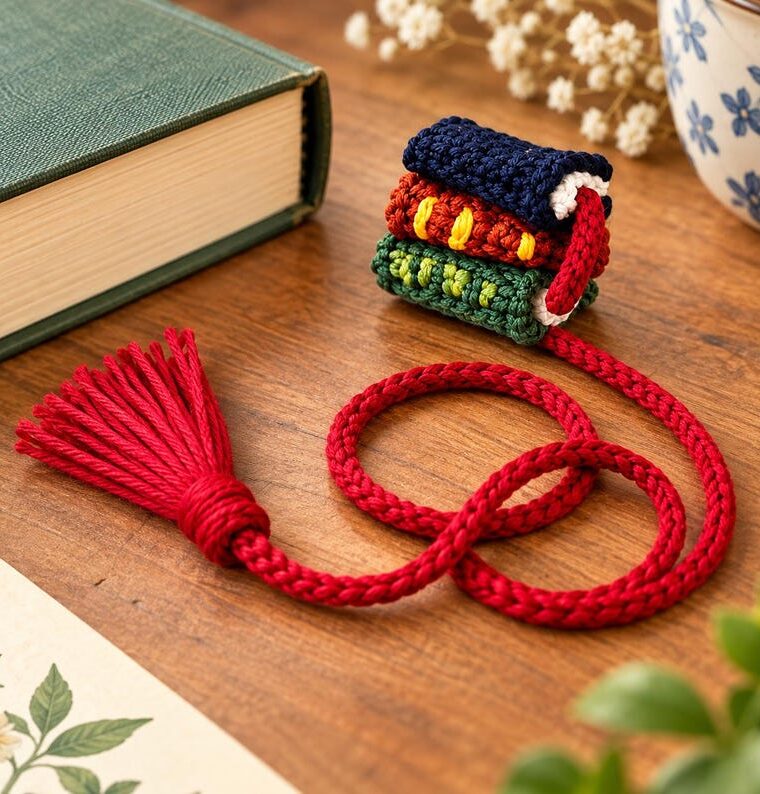 Hand-knit book stack bookmark with red braided cord and tassel
