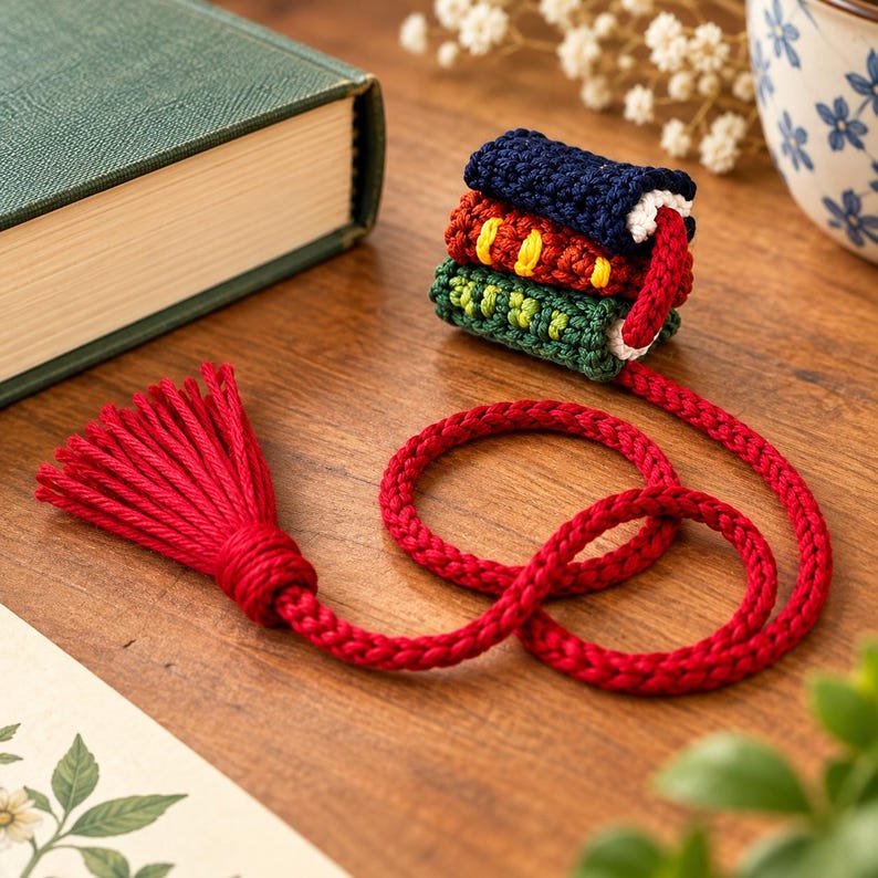 Hand-knit book stack bookmark with red braided cord and tassel