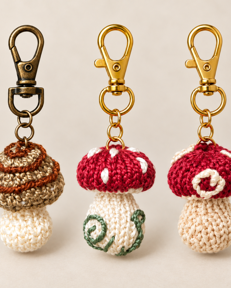 Three hand-knit mushroom bag charms in brown, red spotted, and red and ecru