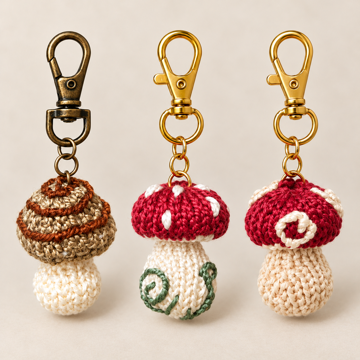 Three hand-knit mushroom bag charms in brown, red spotted, and red and ecru